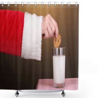 Personality  Santa Claus Hand Holding Chocolate Cookie On Brown Background Shower Curtains