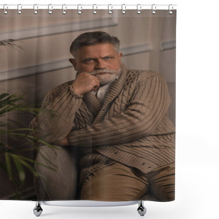 Personality  Serious Senior Man Sitting In Armchair And Looking At Camera Shower Curtains