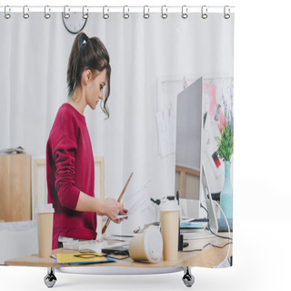 Personality  Pretty Lady Working On Designs By Table Shower Curtains