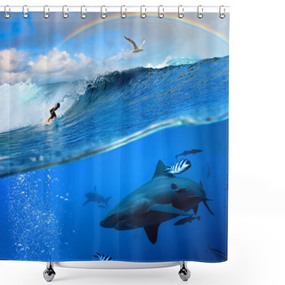 Personality  Surfer And Wild Shark Underwater With Rainbow On The Sky Shower Curtains