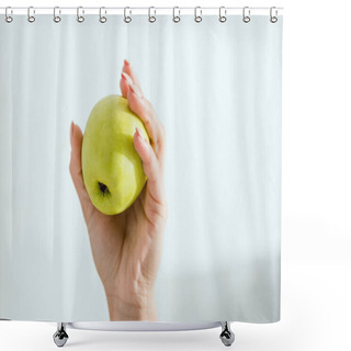 Personality  Cropped View Of Young Woman Holding Green Organic Apple  Shower Curtains