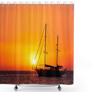 Personality  Silhouette Of Sailing Boat With Sails Down Against Sun At Sunset, Sun Glare On Sea Waters. Romantic Seascape, Sun Touch Headsail Ropes. Shower Curtains