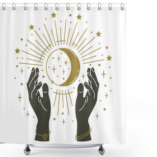 Personality  Magic Hands Holding Moon. Hand Drawn Mystical Arms With Moon, Magical Symbol, Witchcraft Mystic Arms Holding Moon And Stars Vector Illustration Shower Curtains