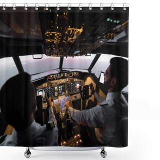 Personality  High Angle View Of Professionals Piloting Airplane In Evening During Sunset  Shower Curtains
