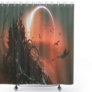 Personality  Scenery Of Castle Of Thorn With Solar Eclipse In Dark Red Sky, Digital Art Style, Illustration Painting Shower Curtains
