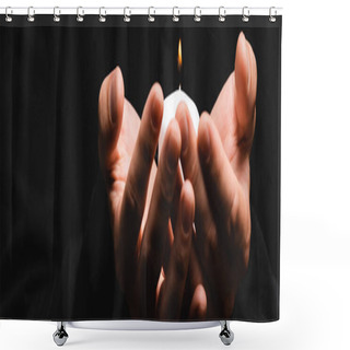 Personality  Horizontal Crop Of Priest Holding Burning Candle Isolated On Black  Shower Curtains