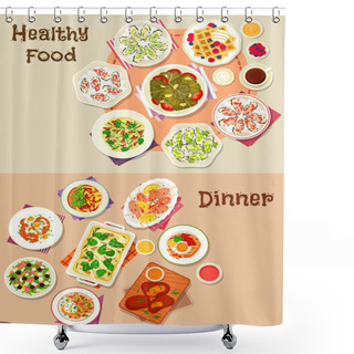 Personality  Tasty Dinner Dishes Icon Set For Food Theme Design Shower Curtains