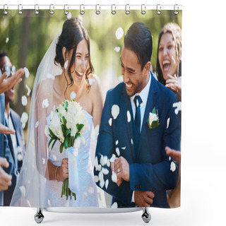 Personality  Guests Throwing Confetti Over Bride And Groom As They Walk Past After Their Wedding Ceremony. Joyful Young Couple Celebrating Their Wedding Day. Shower Curtains