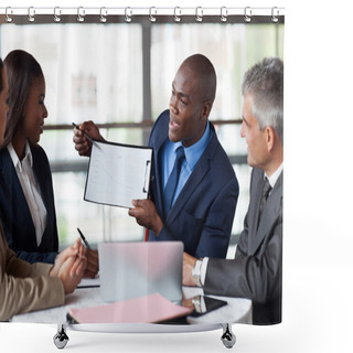 Personality  Young African American Businessman Presenting Figures At A Meeti Shower Curtains