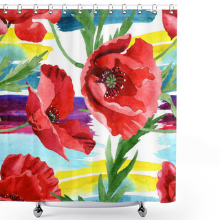 Personality  Red Poppies With Green Leaves Watercolor Illustration Set. Seamless Background Pattern.  Shower Curtains