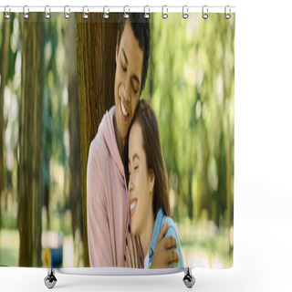 Personality  A Diverse Couple, Dressed Vibrantly, Sharing A Loving Hug In A Park Setting. Shower Curtains