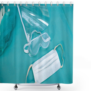 Personality  Medical Protective Equipment For Doctor, Face Shield, Glasses And Mask On A Blue Background. Shower Curtains