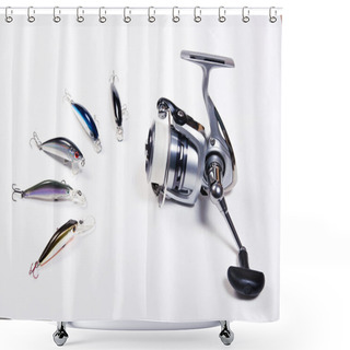 Personality  Fishing Reel With Plastic Fishing Baits. Shower Curtains