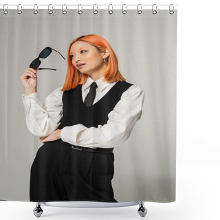 Personality  Happy Face, Positive Emotion, Youthful Asian Woman With Colored Red Hair Holding Dark Sunglasses And Looking Away On Grey Background, Black And White Clothes, Business Casual Style Shower Curtains