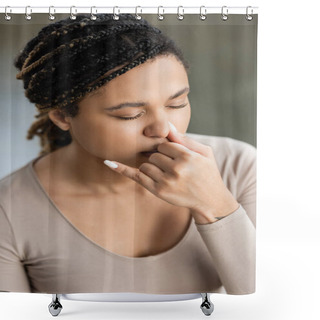 Personality  Young African American Woman Practicing Nostril Breathing And Meditation In Yoga Studio  Shower Curtains