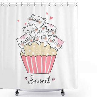 Personality  Draw Vector Illustration Cute Cat With Sweet Cup Cake Isolated On White Shower Curtains