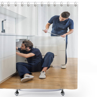 Personality  Workman Holding Metal Hose Near Plumber Working On Floor In Kitchen Shower Curtains