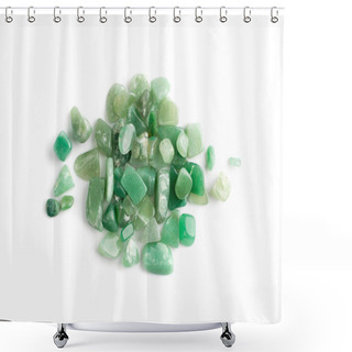 Personality  Green Quartz Pebbles Isolated. Aventurine Polished Stones, Raw Chrysoprase Pebble Set, Gemstones Cabochon Top View Shower Curtains