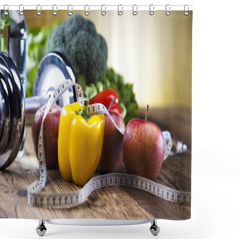 Personality  Diet And Fitness, Dumbell With Vitamin, Sunset Shower Curtains