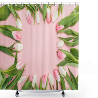 Personality  Top View Of Spring Frame With Tulip Flowers Isolated On Pink Shower Curtains