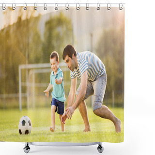Personality  Father With Son Playing Football Shower Curtains