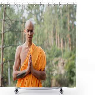 Personality  Hairless Man In Buddhist Robe Praying With Closed Eyes In Forest Shower Curtains