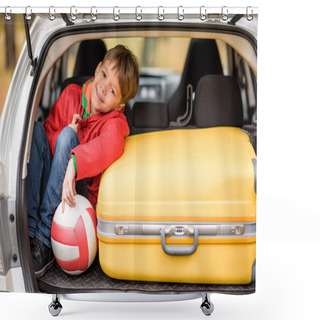 Personality  Smiling Boy Sitting In Car Trunk Shower Curtains