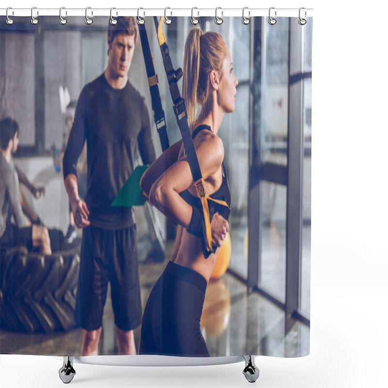 Personality  Sportive Woman With Trx Equipment Shower Curtains