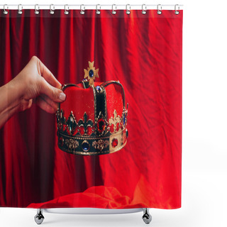 Personality  Cropped View Of Woman Holding Golden Crown With Gemstones Over Red Pillow  Shower Curtains