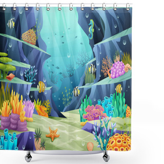 Personality  Undersea Ocean World Illustration. Underwater Life With Fishes And Coral Reefs On A Blue Sea Background Shower Curtains