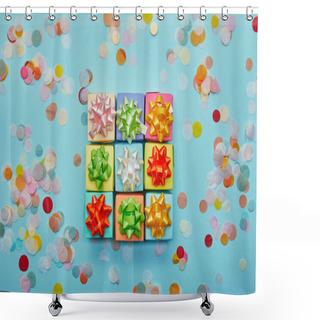 Personality  Top View Of Different Colorful Gifts With Bows And Confetti On Blue Background Shower Curtains