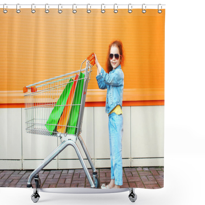 Personality  Happy little girl child with trolley cart and colorful shopping shower curtains