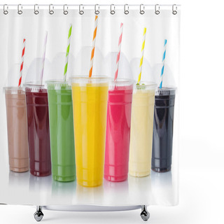 Personality  Juice Collection Of Fruit Smoothies Fruits Milkshake Orange Juices Straw Drinks In Cups Isolated On A White Background Shower Curtains
