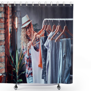 Personality  Pretty Young Woman In Hat And Glasses  Is Choosing New Outfit For Summer Shower Curtains