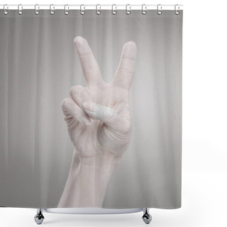 Personality  Cropped View Of Female Hands Painted In White Showing Peace Sign On Grey  Shower Curtains