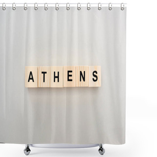Personality  Top View Of Wooden Blocks With Athens Lettering On Grey Background Shower Curtains