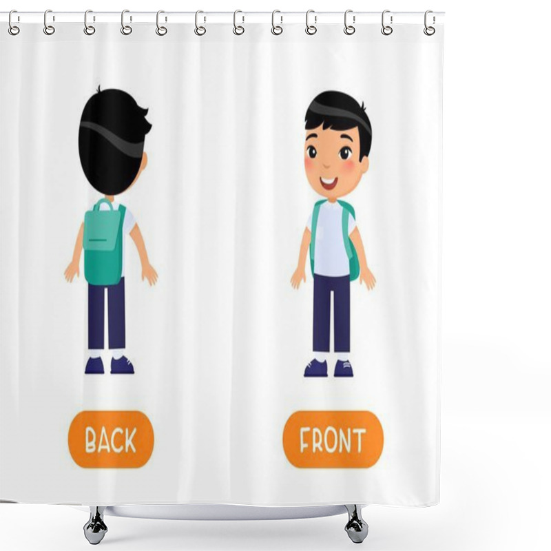 Personality  FRONT And BACK Antonyms Word Card Vector Template. Flashcard For English Language Learning. Opposites Concept. Little Asian Schoolboy Stands With Her Back To Us, Boy Stands In Front Of Us. Illustration With Typography Shower Curtains