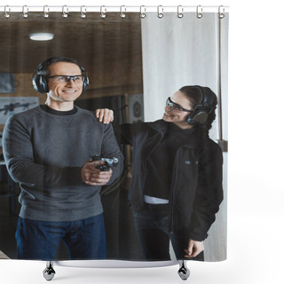 Personality  Smiling Shooting Instructor Supporting Client In Shooting Range Shower Curtains