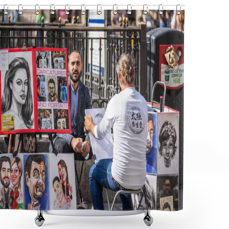 Personality  London, UK, July 14, 2019. The Street Artist Is Sketching Models Portrait. Caricaturist Drawing People With Different Styles Shower Curtains