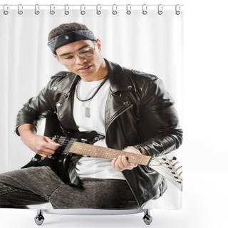 Personality  Concentrated Male Rock Musician In Leather Jacket Playing On Electric Guitar While Sitting On Chair Isolated On White Shower Curtains