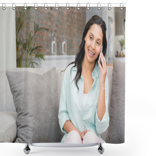 Personality  Smiling Brunette On Phone Call Shower Curtains