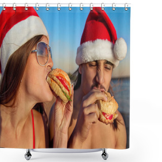 Personality  Couple In Santa Hats Eating  Fast Food Shower Curtains