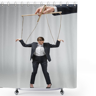 Personality  Cropped View Of Puppeteer Holding Businesswoman Marionette On Strings Isolated On Grey Shower Curtains