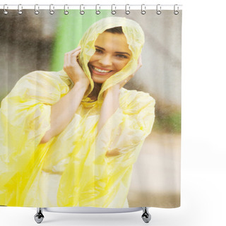 Personality  Pretty Woman Dress In Raincoat Having Fun In The Rain Shower Curtains