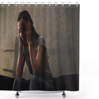 Personality  Lonely Depressed Woman Crying At Home Shower Curtains