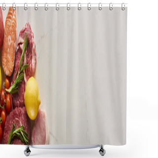 Personality  Panoramic Shot Of Raw Fish, Meat With Rosemary Twigs Near Lemon And Tomatoes On Marble Surface With Copy Space Shower Curtains