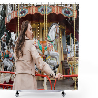 Personality  Side View Of Curly Young Woman In Beige Trench Coat Standing Near Carousel In Amusement Park Shower Curtains