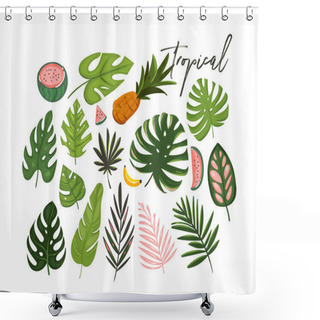 Personality  Hand Drawn Vector Abstract Cartoon Summer Time Graphic Illustrations Art Collection Set With Exotic Tropical Palm Tree Leaves And Watermelon,banana And Pineapple Fruits Isolated On White Background Shower Curtains