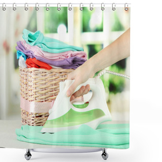 Personality  Woman's Hand Ironing Clothes, On Bright Background Shower Curtains