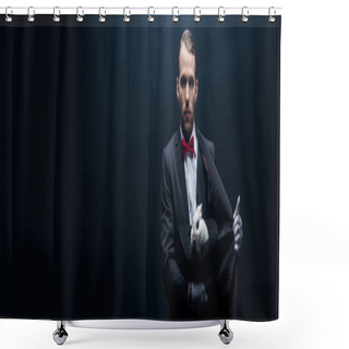 Personality  Panoramic Shot Of Professional Magician Holding White Rabbit In Hat, Dark Room With Smoke Shower Curtains
